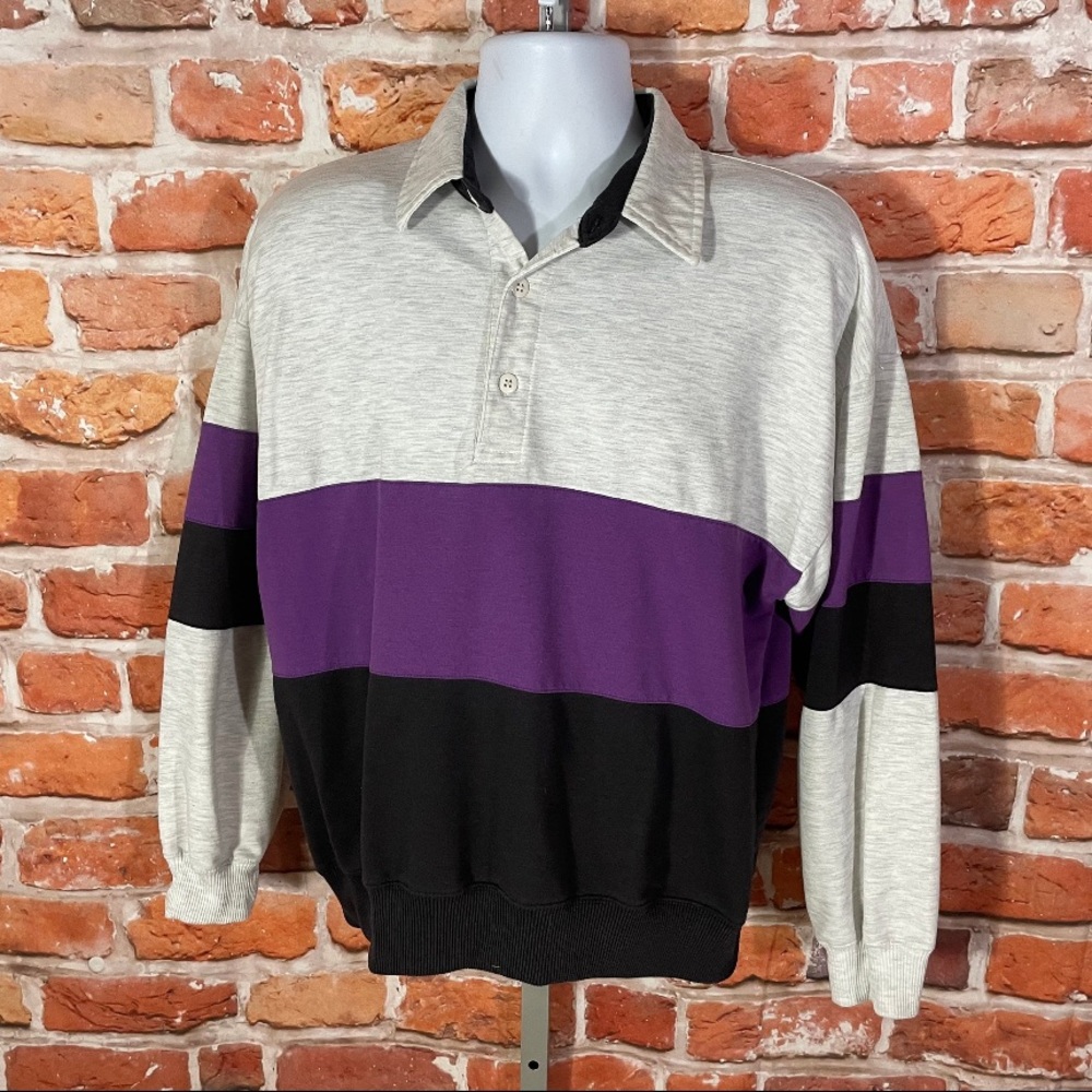 vintage purple stripe longsleeve banded waist polo shirt fits L/M grandpa